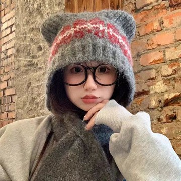費爾島帽子秋冬臉小保暖護耳圍巾套頭一體可愛小熊毛線帽針織日系