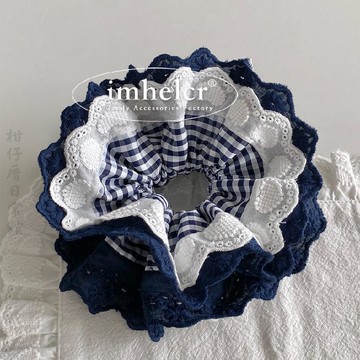 🔥2件9折🍊臺北出貨🍊可開發票韓系藏青格紋愛心蕾絲花邊髮圈~溫柔氣質雙層頭花丸子頭髮繩新款