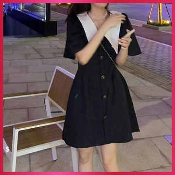 『ATC』日系|學院風洋裝|撞色翻領|泡泡短袖|大碼女裝胖mm夏季黑色娃娃領連衣裙女法式收腰顯瘦赫本風氣質裙子