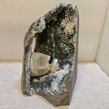 迷你水晶洞 -異象帶孔/灰小牙帶大方解石黑共生石