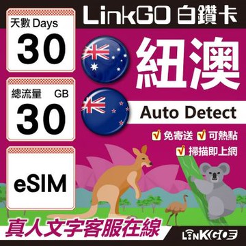 LINKGO白鑽卡 紐澳 eSIM卡 30天上網卡 總流量30G 高速流量(紐澳網卡 紐西蘭 澳洲 虛擬卡)