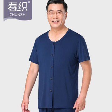 春織中老年爸爸男士背心莫代爾夏季薄款圓領老人開衫短袖上衣汗衫