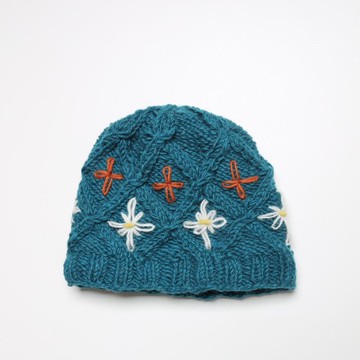 童/成人湖水藍綠小白花刺繡編織瓜皮帽/純羊毛線手工編織全襯防風