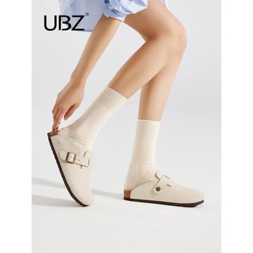 UBZ 白色勃肯拖鞋女2026年春秋新款皮面復古一腳蹬懶人孕婦博肯鞋