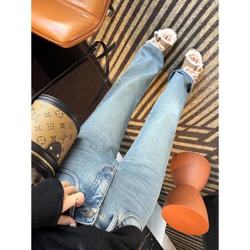 遮胯shen褲~！淺藍色加絨闊腿牛仔褲女2024冬新款寬松顯瘦長褲子