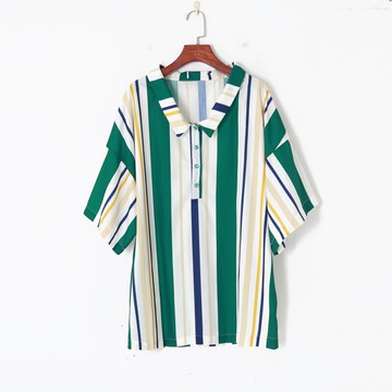 秋季女裝時尚韓版拼色條紋氣質翻領紐扣半開襟套頭寬松連衣裙