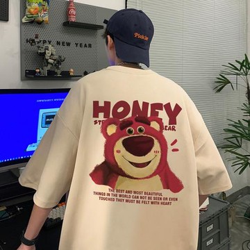 歐美潮牌t恤男草莓熊短袖美式高街roora情侶裝夏裝大碼半袖體恤衫