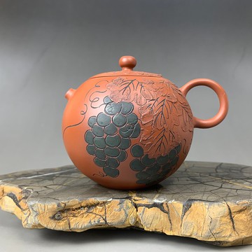 台灣【朱泥】手拉坏 短嘴西施 雕刻壺07