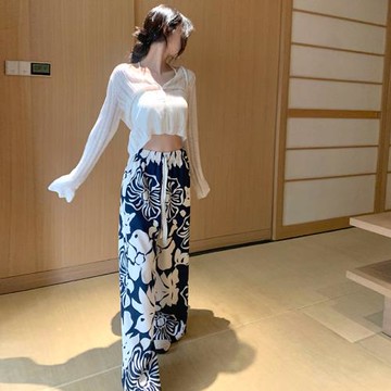 GYOKUU 松弛感 藍色印花度假直筒垂感松緊腰長褲