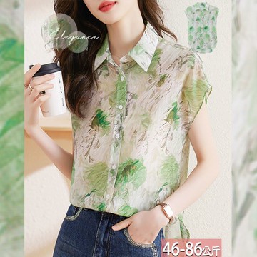 雪紡翻領油畫風樹葉印花襯衫 M-4XL【221804X】【現+預】-流行前線-