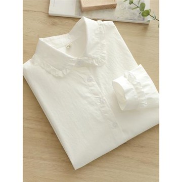 韓范文藝小清新木耳花邊娃娃領純棉白襯衫女長袖通勤打底衫學生潮