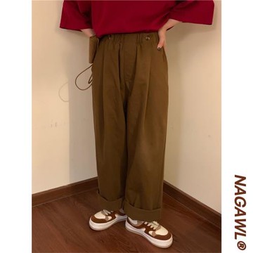 NAGA自制夏季美式復古咖色休閑工裝褲女寬松百搭直筒褲潮闊腿褲子