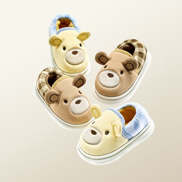 Cheerful Mario幸福瑪麗 可愛小熊包跟男童女童棉拖鞋 冬季裹跟家用室内室外止滑幼兒毛絨拖鞋