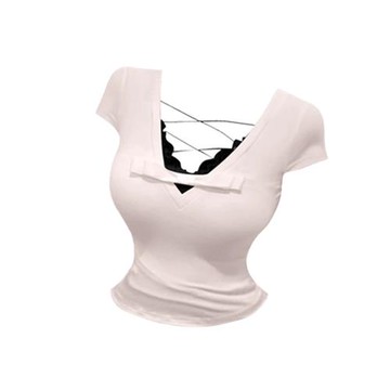 HEZA 胖mm法式甜美少女蝴蝶結上衣女夏季純欲修身顯瘦蕾絲拼接T恤