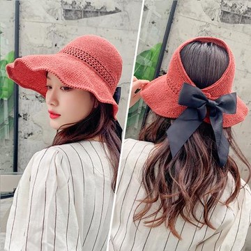 【KISSDIAMOND】大帽檐可折疊編織麻棉遮陽帽(防曬/全防護/好收納/磚紅)