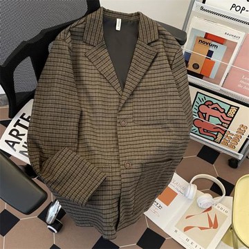 廓形格紋西裝外套男春季潮流高級感上衣寬松日系復古穿搭休閑西服