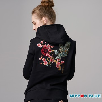 【首降㊙結帳2件再88折】金標青鳥傳信女款連帽長TEE(黑) - BLUE WAY 日本藍