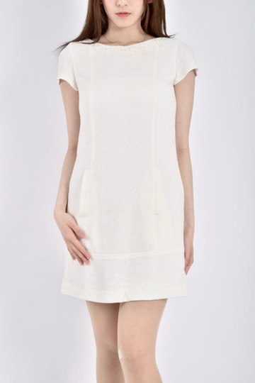 (S) iena質感棉質亞麻短袖壞紋杏色洋裝