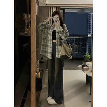 長袖襯衫 防曬襯衫 夏天 夏季薄款襯衫復古設計感小衆長袖慵懶格子襯衫新款寬鬆襯衣外套女 0419
