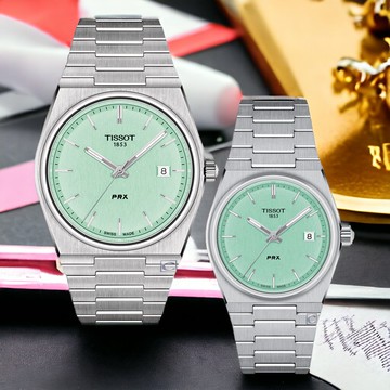 TISSOT 天梭 官方授權 PRX系列 70年代復刻對錶-T1374101109101+T1372101109100/薄荷綠