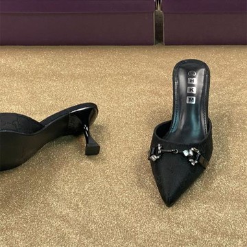 歐美外貿單女鞋水鉆尖頭外穿拖鞋時尚百搭細跟半拖包頭拖高跟鞋女