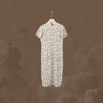 二手 米黃色 藍色喇叭花 小碎花 古董訂製 薄 短袖 旗袍 CA1125