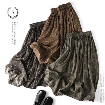 凜美秋季新款日系雙層棉紗碎花半身裙松緊腰抽繩收腰復古文藝半裙