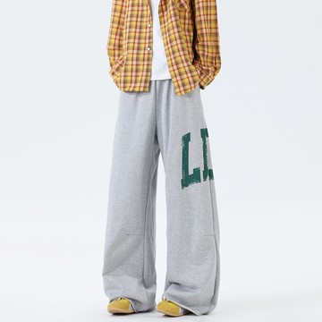 【HOT 本舖】男装時尚字母印花休閒褲男女簡約寬鬆直筒闊腿褲通勤運動灰色衛褲潮