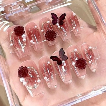 💗台灣出貨💗純手工穿戴甲辣妹酒紅山茶花蝴蝶假指甲手工穿戴甲貼片美甲顯白店長推薦