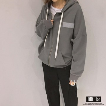 JILLI-KO 加厚磨毛落肩連帽外套- 灰/卡其