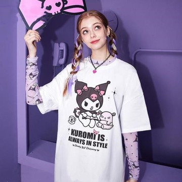 日系可愛庫洛米印花白色純棉T恤女寬松小個子蝴蝶結短袖上衣潮