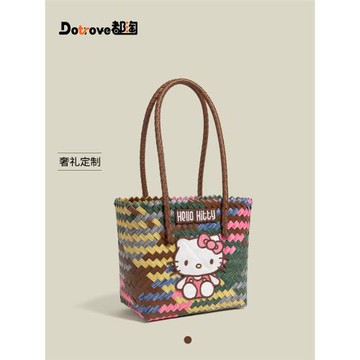 都淘可愛KT貓竹編包女士2025新款夏天度假通勤菜籃子手提包沙灘包