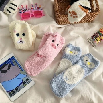 🔥新品 秋冬 可愛動物 珊瑚絨 襪子 女 加絨 保暖 居家 睡眠地板襪 加厚 百搭 月子襪 男女 百搭 舒適