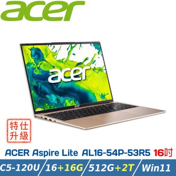 【特仕升級】ACER Aspire AL16-54P-53R5 金 (Core 5-120/16+16G/512G+2TB/W11)
