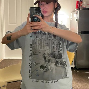 晚睡/夢想的家園霧霾藍夏季小眾色百搭透氣短袖ins韓系T恤女夏新