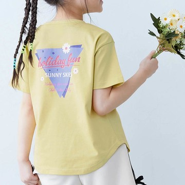 日本 devirock - 接觸涼感 女孩印花短袖上衣-背後三角logo-淺黃