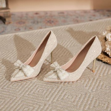 水晶水鉆蝴蝶結高跟鞋新娘鞋婚鞋2024春季新款亮片女法式尖頭單鞋