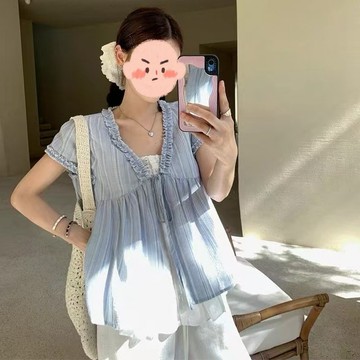 17027L_法式假兩件木耳邊v領襯衫女夏季大碼設計感減齡寬松顯瘦短袖上衣
