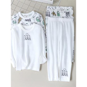 日系純棉長袖長褲2件裝 男女寶寶薄款竹節棉秋衣秋褲家居服四季款