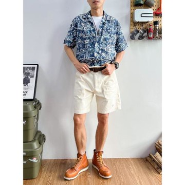 美式古巴領襯衫男短袖靛藍染腰果花夏威夷襯衣寬松法式海邊襯衫潮