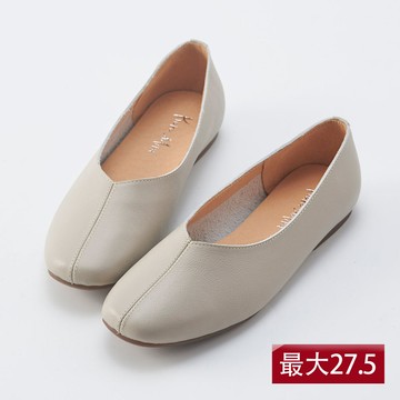 【大尺碼女鞋】非常日系真皮大V口鞋(修飾腳背/最大27.5號)-麻糬灰