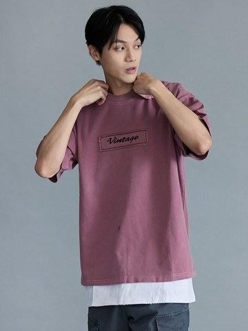 水洗復古vintage文字落肩Tee (紫藤色)