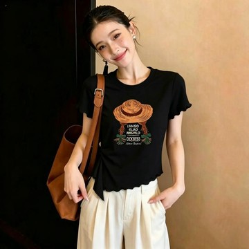 【JK極客】【人棉260克】夏木耳邊短袖T恤女圓領不規則上衣