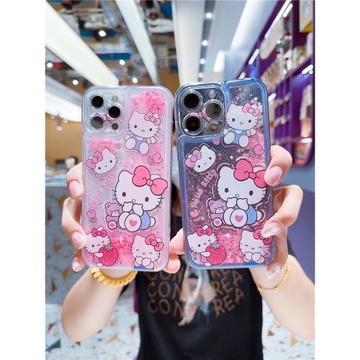 可愛凱蒂貓咪流沙閃粉適用iPhone15Pro手機殼卡通花朵郁金香14proMax全包軟殼12/13防摔保護套11硅膠外殼夜光