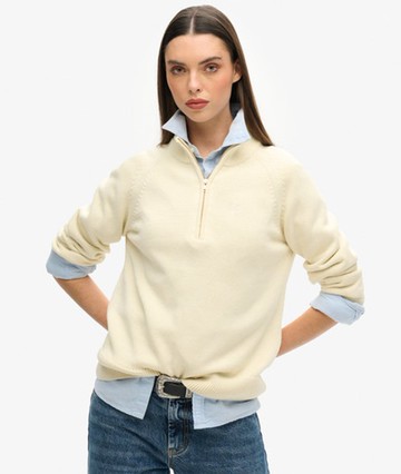 Superdry Women's Classic Cotton Knit Half Zip Jumper Cream Size: 8