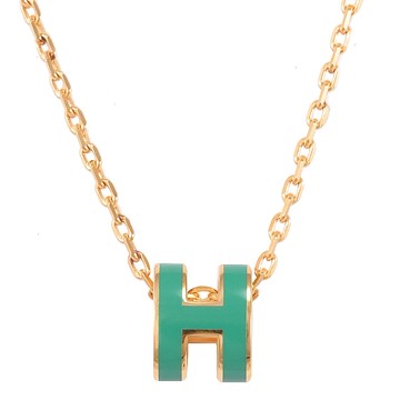 HERMES MINI POPH 經典橢圓H造型項鍊.金/孔雀綠