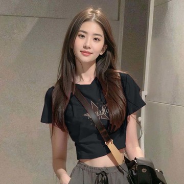 胖胖美依 短袖T卹 上衣 短版上衣 印花上衣 小衫 S-XL新款甜酷辣妹正肩設計感小眾純欲風修身顯瘦露臍上衣-4342.