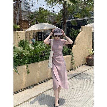 ELINSU bingo軒軒家自制法式氣質開叉連衣裙女夏褶皺收腰a字長裙