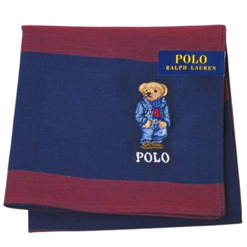 RALPH LAUREN POLO 帥氣牛仔小熊刺繡LOGO圖騰大橫紋帕領巾(酒紅/深藍系/48CM)