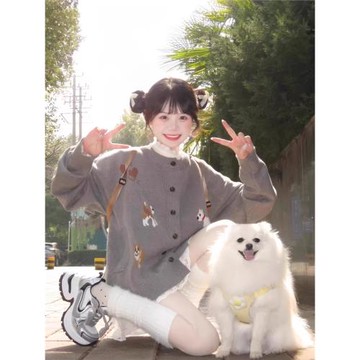 灰色韓系慵懶風針織毛衣外套開衫女早春秋新款寬松外穿可愛小狗潮